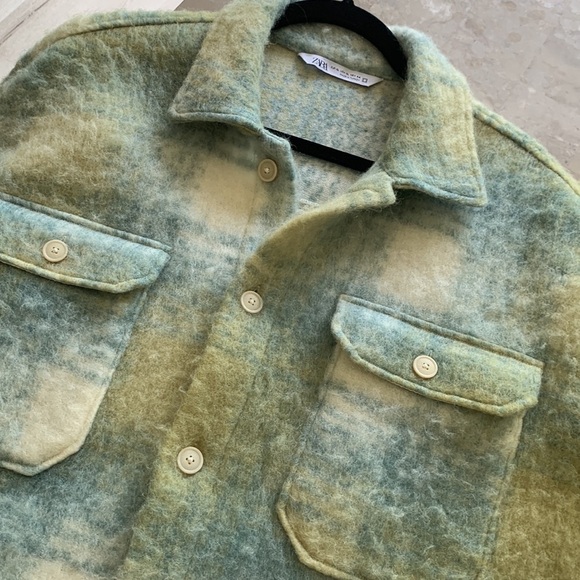 Zara Oversized Overshirt Plaid Jacket xL blue yellow buttons fuzzy hair - Picture 14 of 14